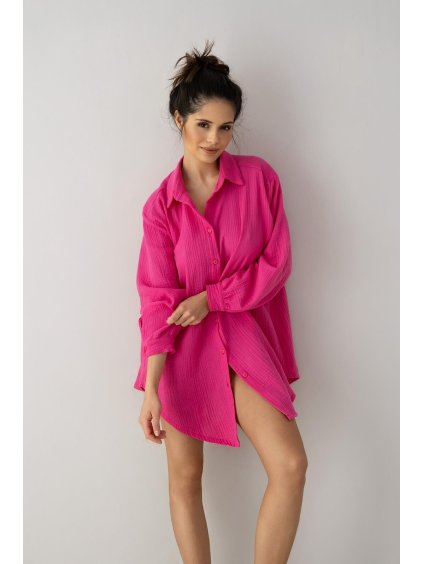 Sensis Tmavě růžová dámská mušelínová noční košile se zapínáním