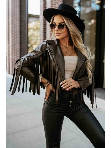 Čokoládově hnědá dámská krátká koženková bunda s třásněmi