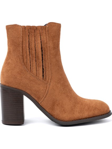 Karamelové dámské kotníkové boty na sloupku, podpatek 8 cm