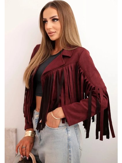 Vínová dámská krátká semišová bunda s třásněmi