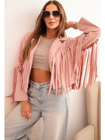 Pudrově růžová dámská krátká semišová bunda s třásněmi