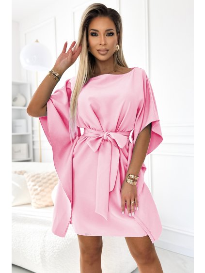 (Vel. S/M) Elegantní šaty NICOLA s opaskem - světle růžové