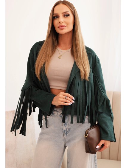 Tmavě zelená dámská krátká semišová bunda s třásněmi