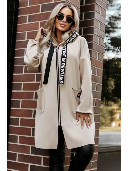 Béžový ležérní dámský kabát se zipem a módními detaily