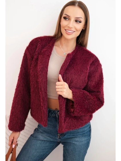 Vínová dámská kožíšková bunda bez zapínání
