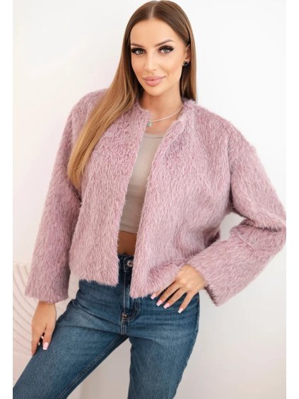 Růžová dámská kožíšková bunda bez zapínání