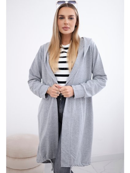 Šedý dámský ležérní kardigan s kapucí a potiskem na zádech