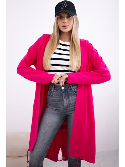 Tmavě růžový dámský ležérní kardigan s kapucí a potiskem na zádech