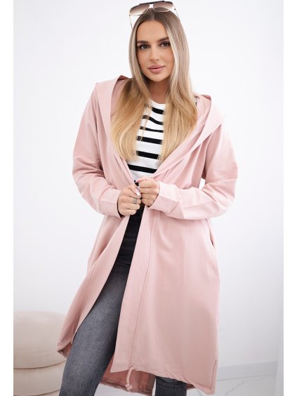 Pudrový dámský ležérní kardigan s kapucí a potiskem na zádech
