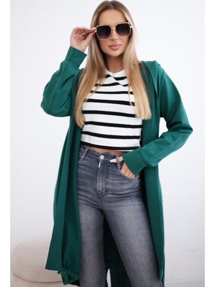 Smaragdový dámský ležérní kardigan s kapucí a potiskem na zádech