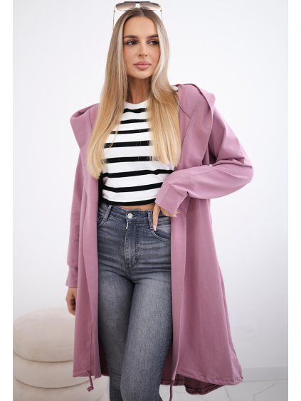 Starorůžový dámský ležérní kardigan s kapucí a potiskem na zádech