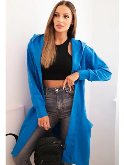 Modrý dámský asymetrický kardigan s potiskem na zádech