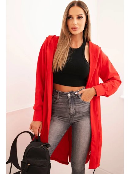 Červený dámský asymetrický kardigan s potiskem na zádech