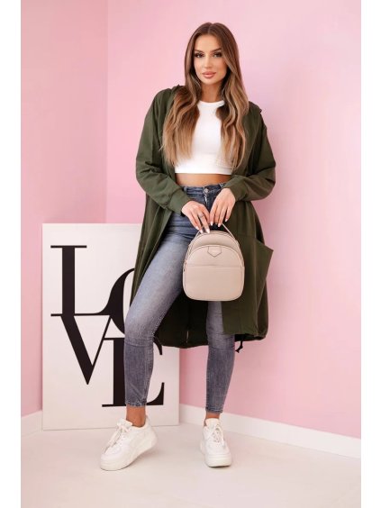 Khaki dámský asymetrický kardigan s potiskem na zádech