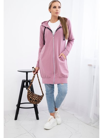 Růžová dámská pohodlná dlouhá mikina na zip s kapucí