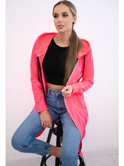 Neonově růžová dámská pohodlná dlouhá mikina na zip s kapucí