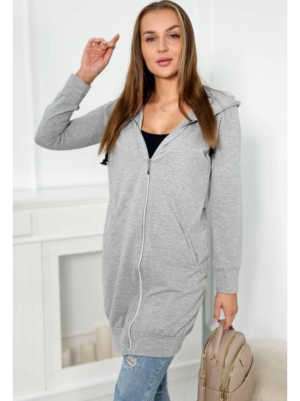 Šedá melanž dámská pohodlná dlouhá mikina na zip s kapucí
