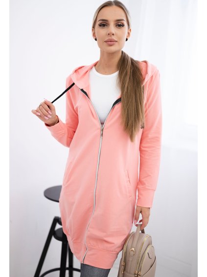 Meruňková dámská pohodlná dlouhá mikina na zip s kapucí