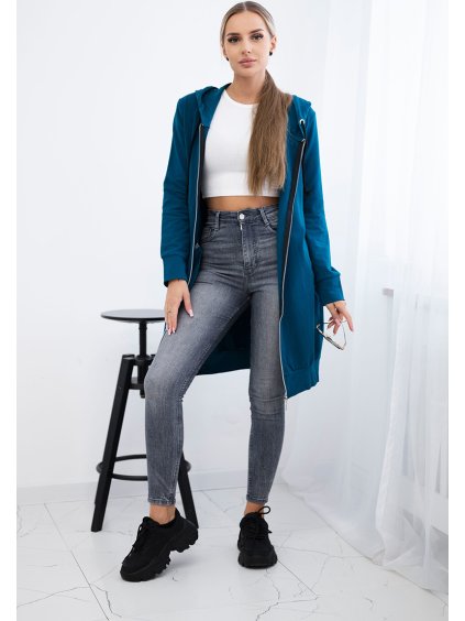 Tmavě modrá dámská pohodlná dlouhá mikina na zip s kapucí