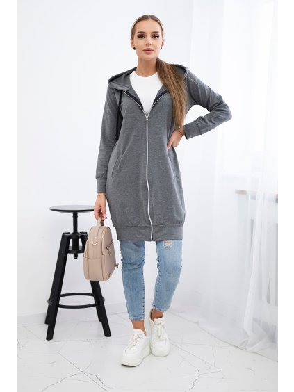 Tmavě šedá dámská pohodlná dlouhá mikina na zip s kapucí