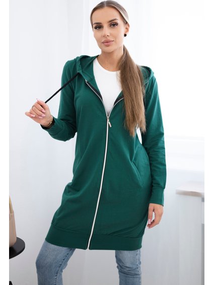 Tmavě zelená dámská pohodlná dlouhá mikina na zip s kapucí