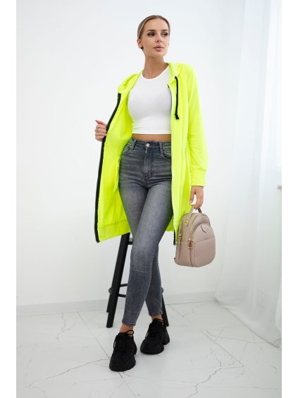 Neonově žlutá dámská pohodlná dlouhá mikina na zip s kapucí