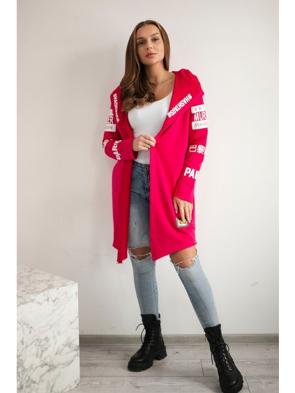 Tmavě růžový dámský kardigan s nápisy a kapucí