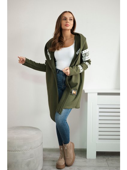 Khaki dámský kardigan s nápisy a kapucí