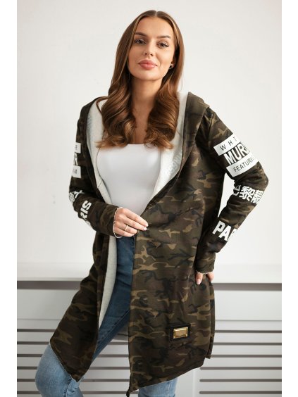 Maskáčový dámský kardigan s nápisy a kapucí