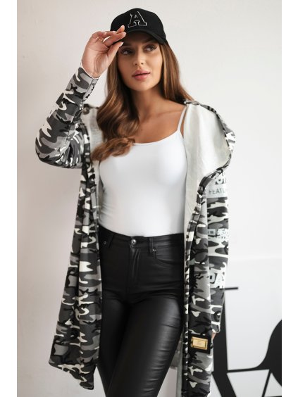 Šedý dámský maskáčový kardigan s nápisy a kapucí