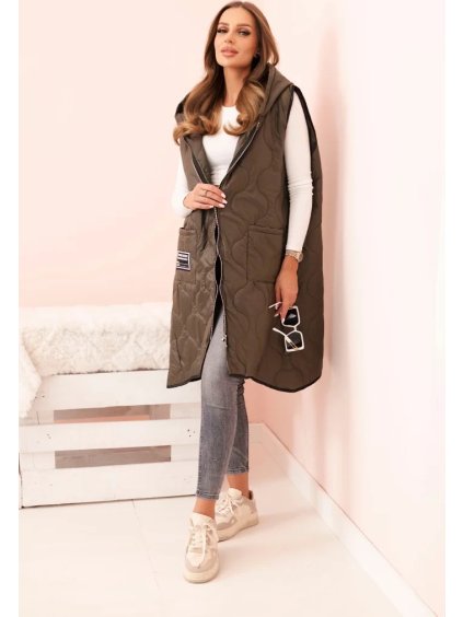 Khaki dámská oversize prošívaná vesta s kapucí na zip