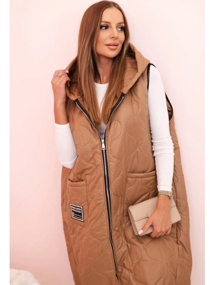 Camel dámská oversize prošívaná vesta s kapucí na zip