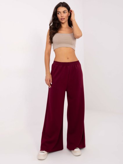 Vínové dámské široké viskózové tepláky s kapsami