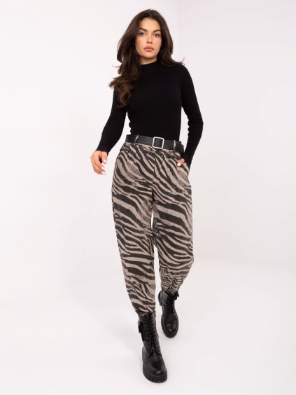 Béžové dámské zebrované kalhoty z viskózy s páskem