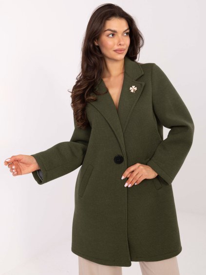 Khaki dámský krátký kabát s broží