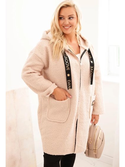Světle béžový stylový dámský plus size teddy kabátek na zip s kapucí