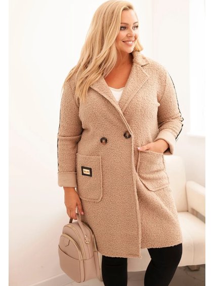 Béžový dámský plus size teddy kabát s kapsami
