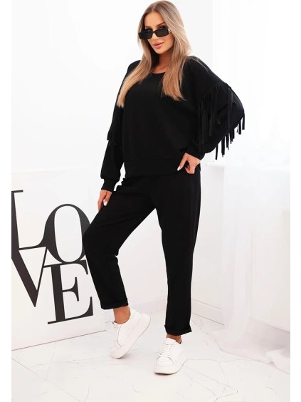 Černá dámská viskózová tepláková souprava s třásněmi na rukávech