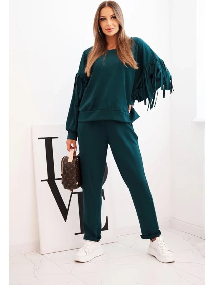 Smaragdová dámská viskózová tepláková souprava s třásněmi na rukávech (Velikost ONE SIZE)