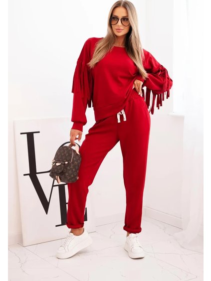 Vínová dámská viskózová tepláková souprava s třásněmi na rukávech