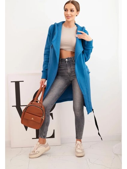 Modrý dámský zateplený kardigan s kapucí