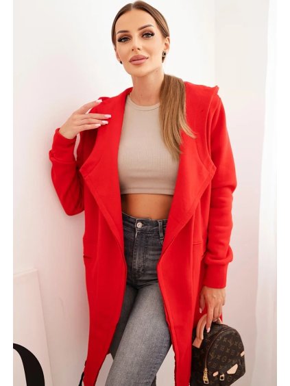 Červený dámský zateplený kardigan s kapucí