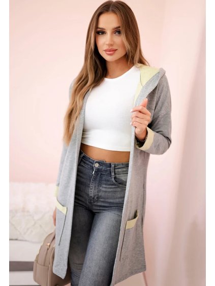 Šedo-žlutý dámský kardigan s kapsami