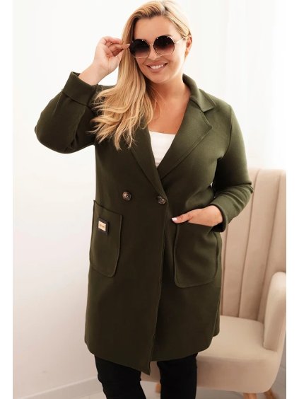 Khaki dámský elegantní plus size kabát  s límcem a velkými kapsami