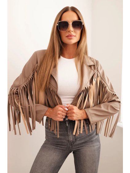 Béžová dámská koženková bunda s třásněmi