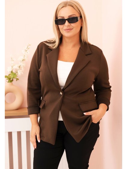 Hnědý dámský viskózový plus size blejzr s klasickým límcem
