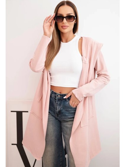 Pudrový ležérní dámský asymetrický kardigan s kapucí a kapsami