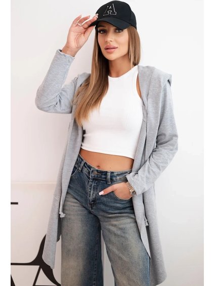 Šedý ležérní dámský asymetrický kardigan s kapucí a kapsami