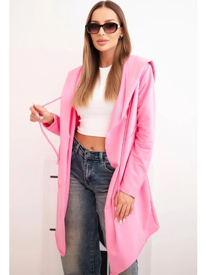 Růžový ležérní dámský asymetrický kardigan s kapucí a kapsami