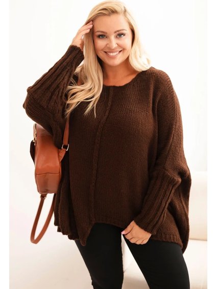 Hnědý dámský asymetrický plus size pletený svetr
